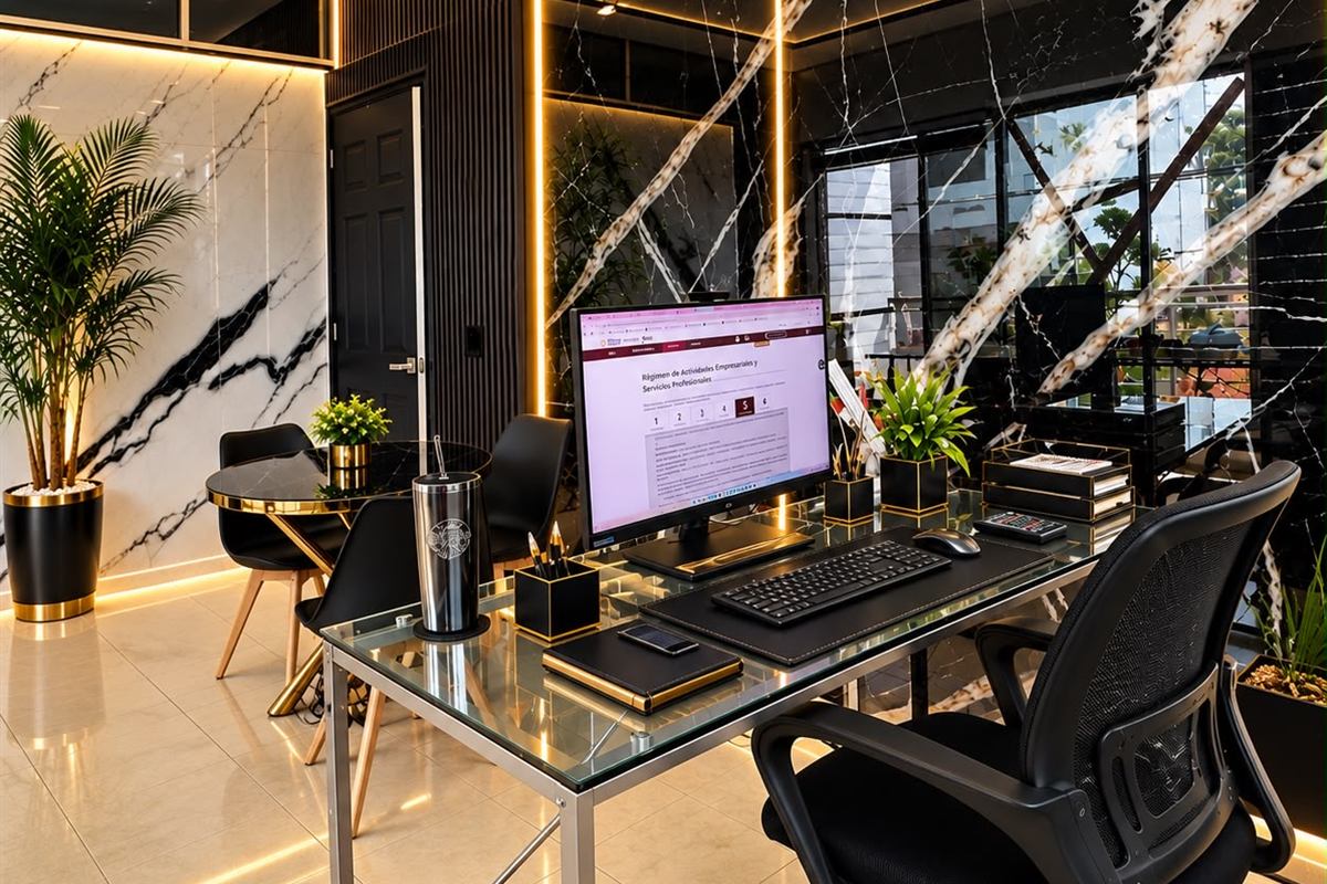 Escritorio de cristal con computadora y mesa de juntas en la oficina, con muros de mármol e iluminación cálida