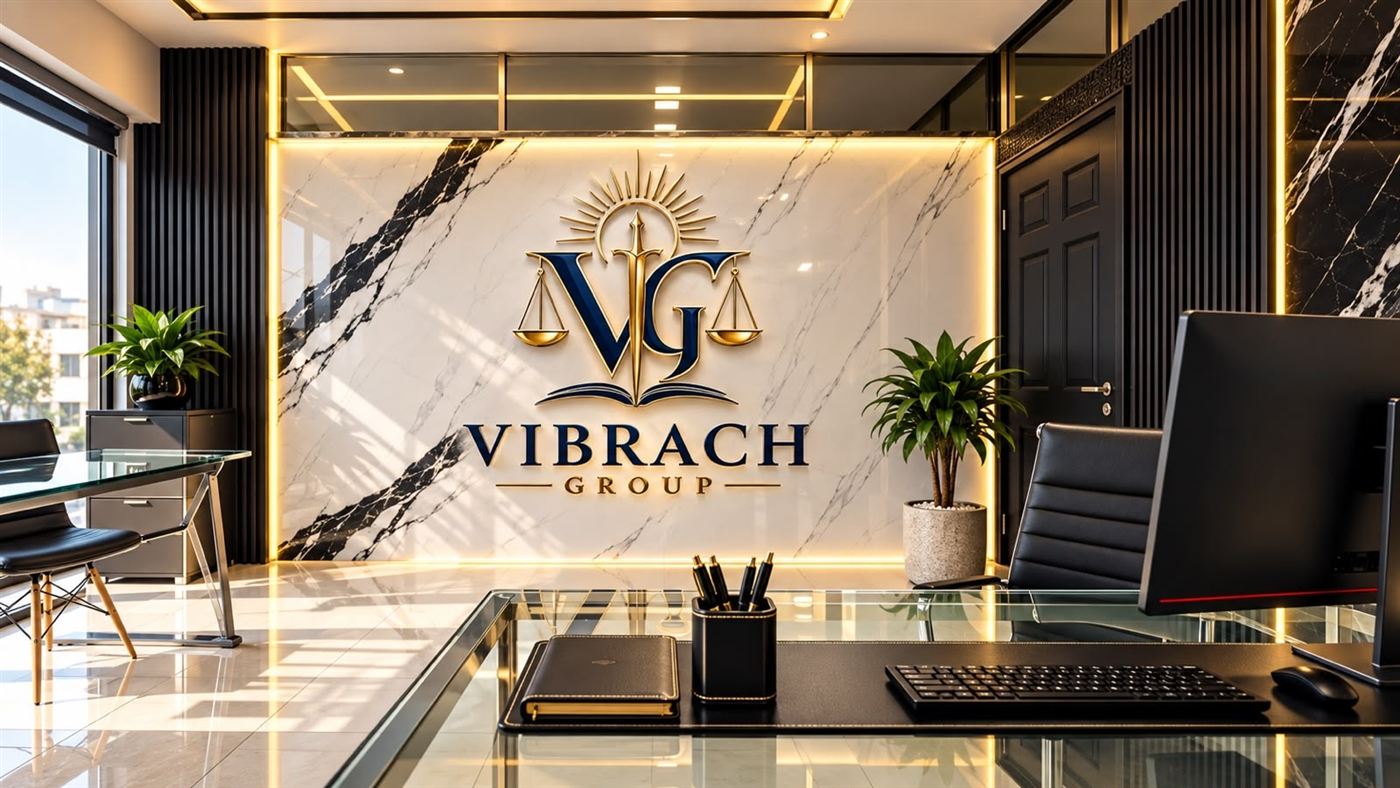Recepción de la oficina de Vibrach Group con el logotipo del despacho en un muro de mármol iluminado